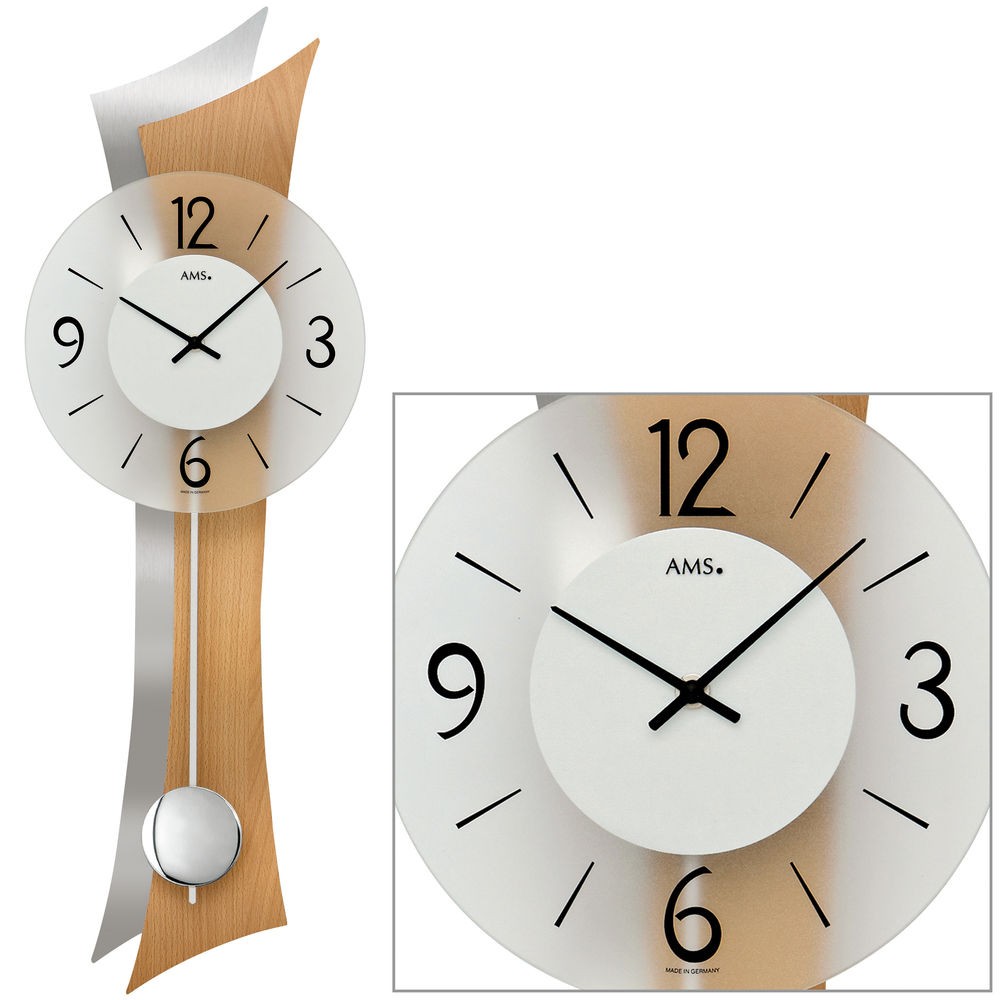 Wanduhr Quarz mit Pendel Holz buche farben mit Aluminium Pendeluhr