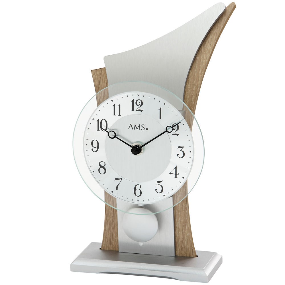 Tischuhr Quarz mit Pendel silbern Sonoma Optik geschwungen mit Glas