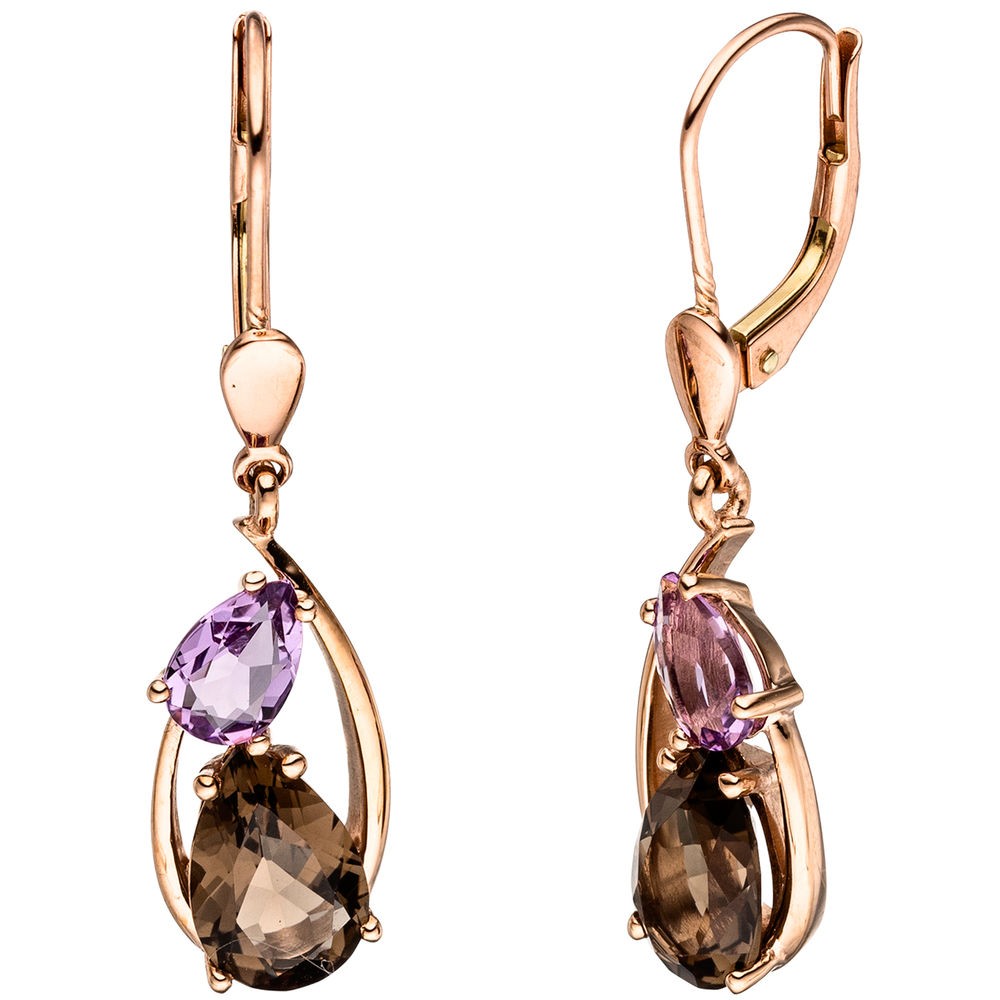 Boutons 585 Rotgold 2 Rauchquarze 2 Amethyste Ohrringe Ohrhänger