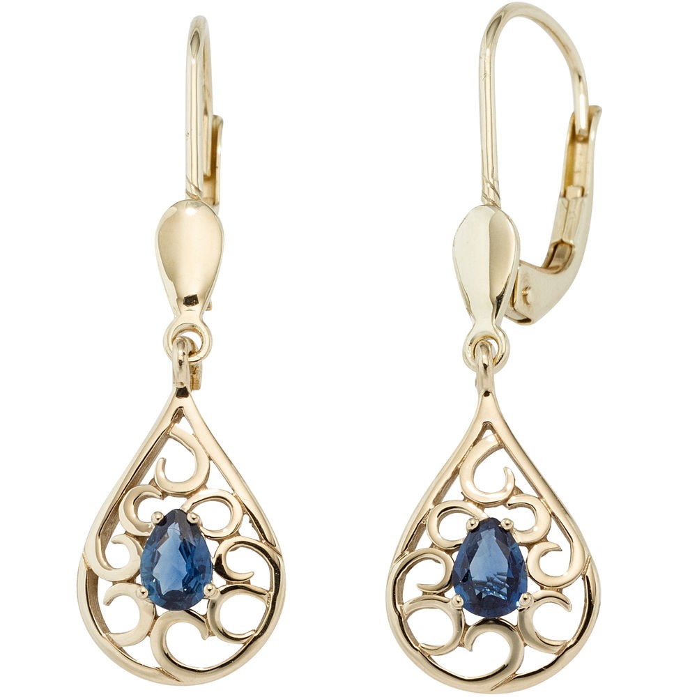 Boutons Tropfen 585 Gelbgold 2 Safire blau Ohrringe Ohrhänger Goldohrringe