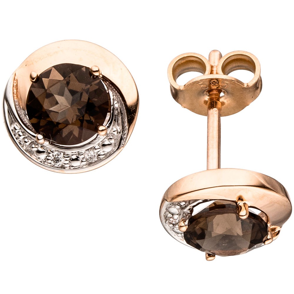 Ohrstecker rund 585 Rotgold 4 Diamanten Brillanten 2 Rauchquarze braun