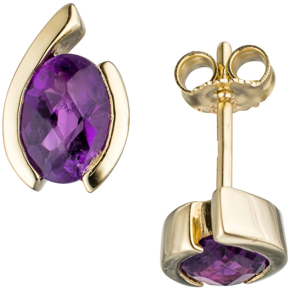 Ohrstecker oval 333 Gelbgold 2 Amethyste lila violett Ohrringe
