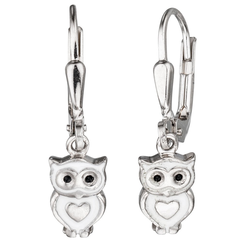 Boutons Eule 925 Sterling Silber rhodiniert mit weiß schwarzer Lackeinlage