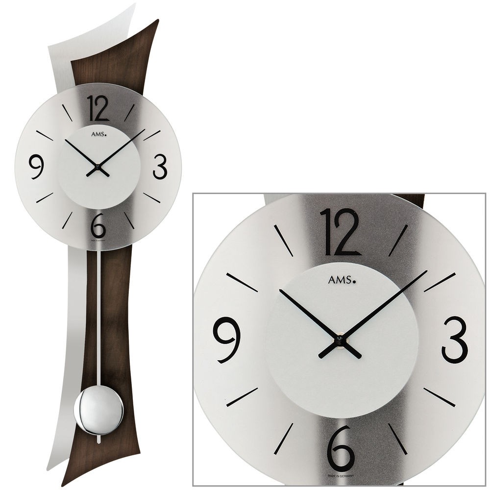 Wanduhr Quarz mit Pendel Holz nussbaum farben mit Aluminium Pendeluhr geschwungen