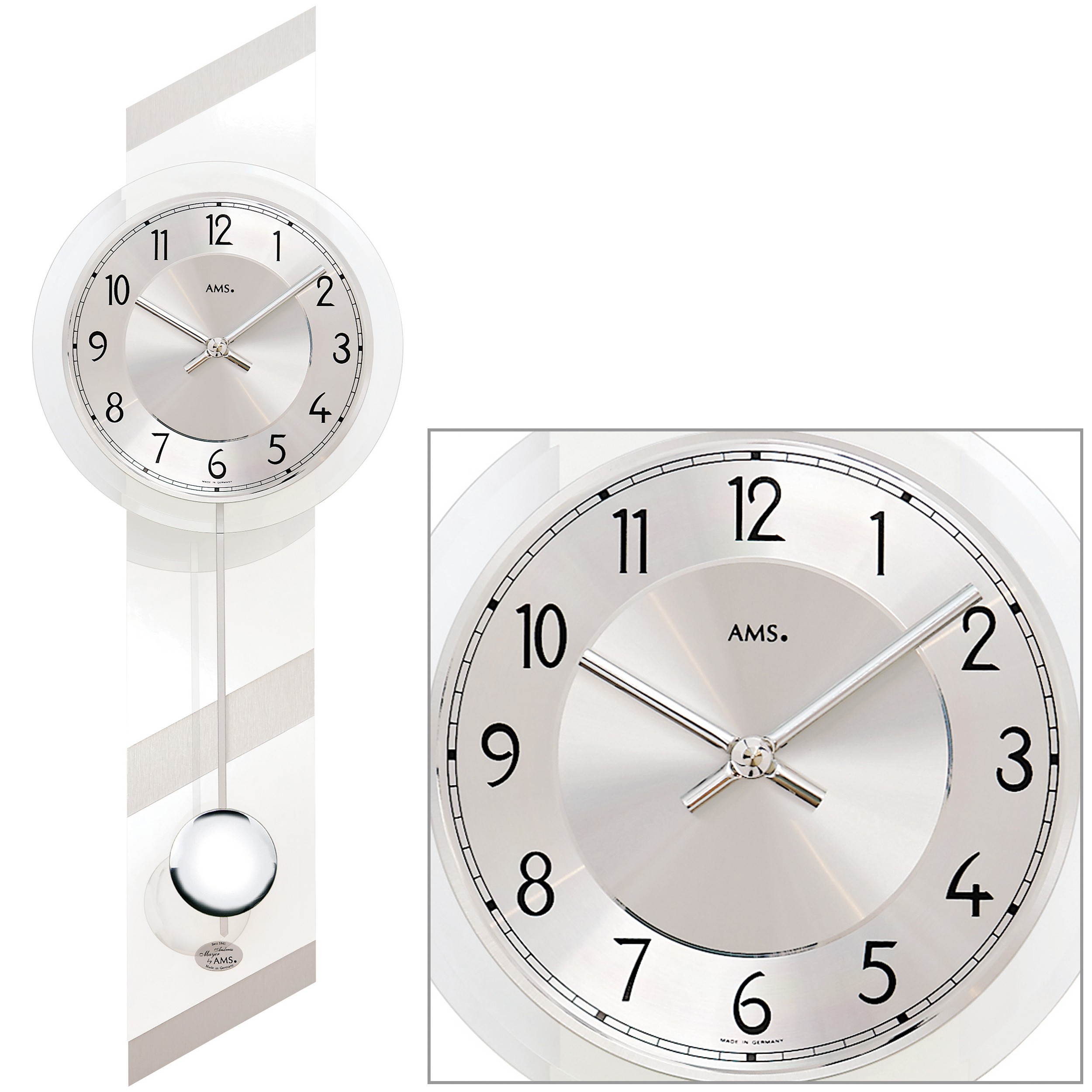 AMS 7414 Wanduhr Quarz mit Pendel weiß mit Aluminium und Glas Pendeluhr