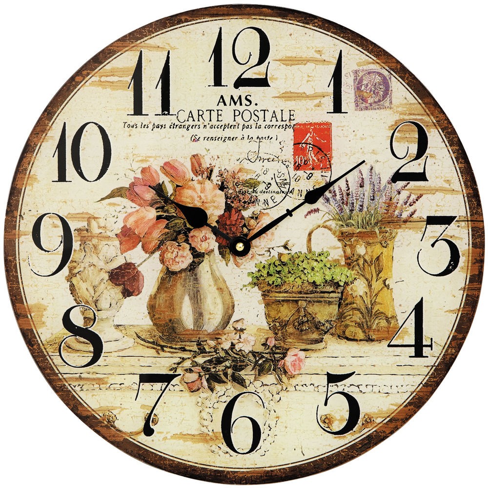 Wanduhr Quarz analog rund vintage antik retro mit Blumen Motiv