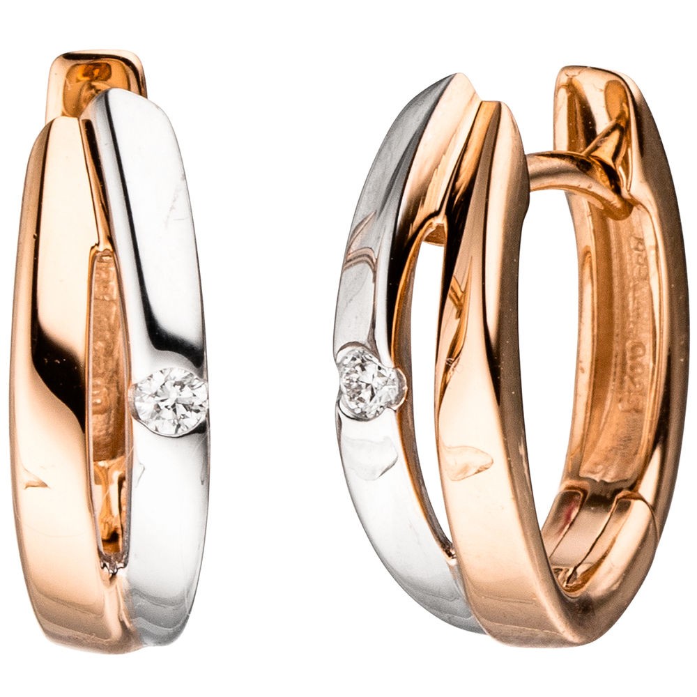 Creolen 585 Rotgold bicolor 2 Diamanten Brillanten Ohrringe Goldcreolen
