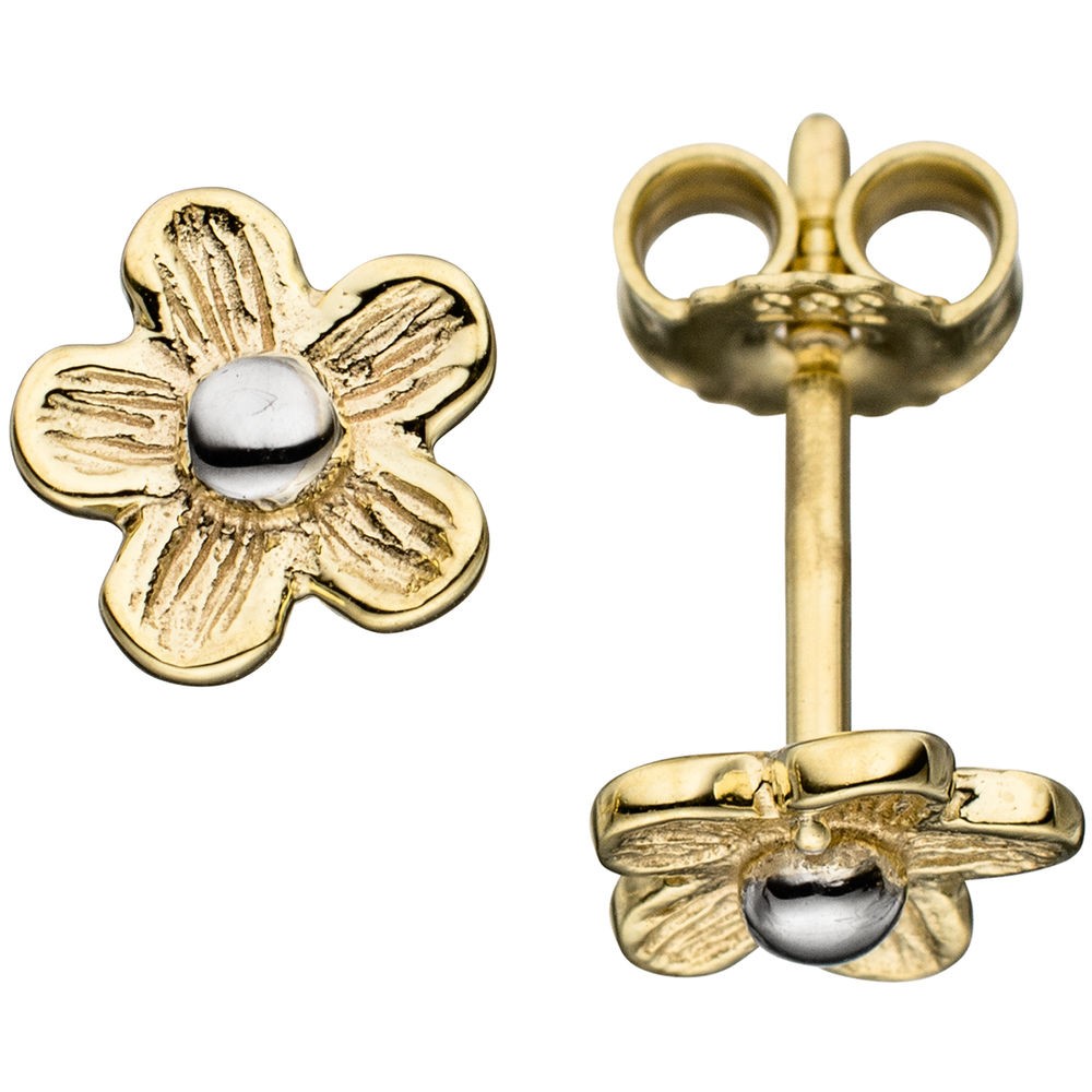 Ohrstecker Blume 333 Gelbgold mattiert bicolor Ohrringe Goldohrstecker