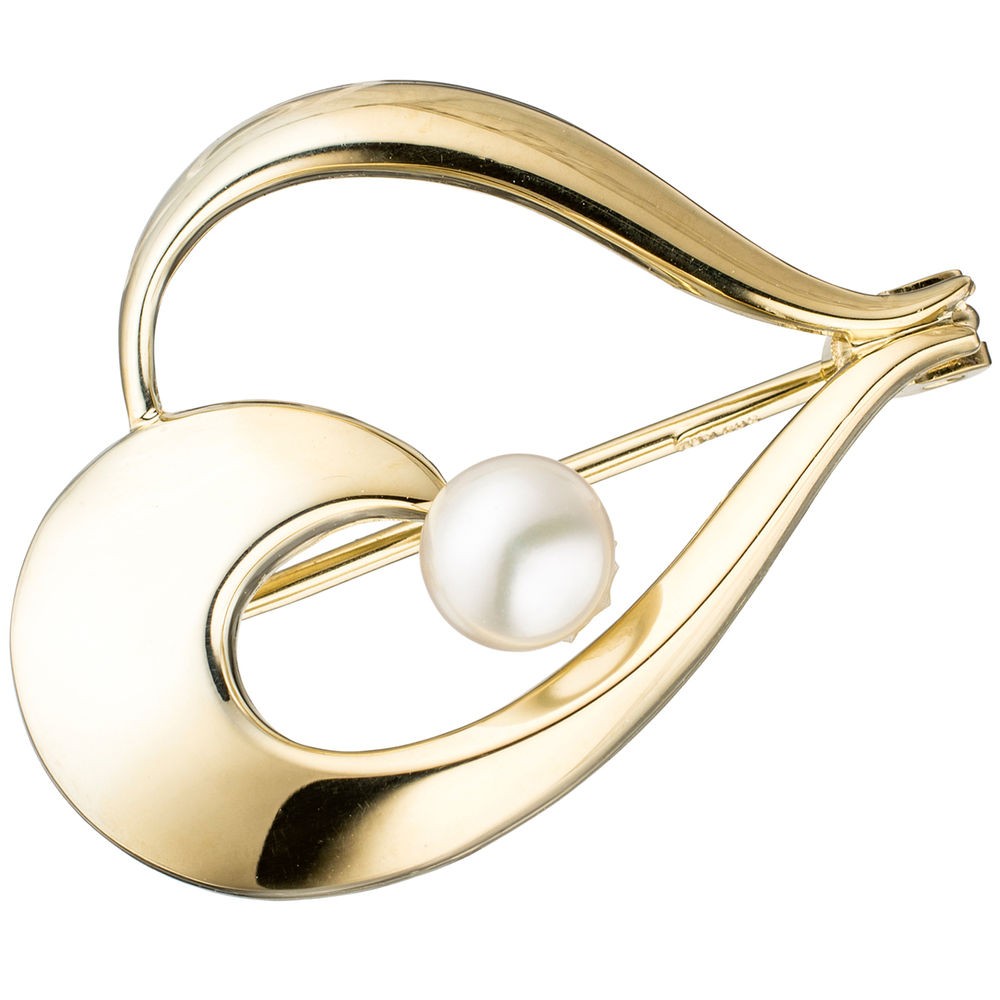 Brosche 585 Gelbgold 1 Süßwasser Perle Perlenbrosche Goldbrosche
