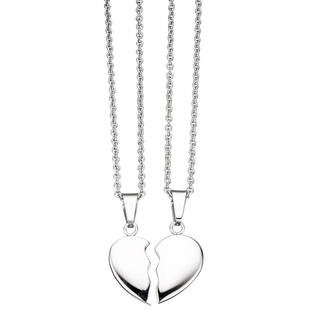 Collier aus 2 Ketten mit geteiltem Anhänger Herz Edelstahl 45cm Partneranhänger