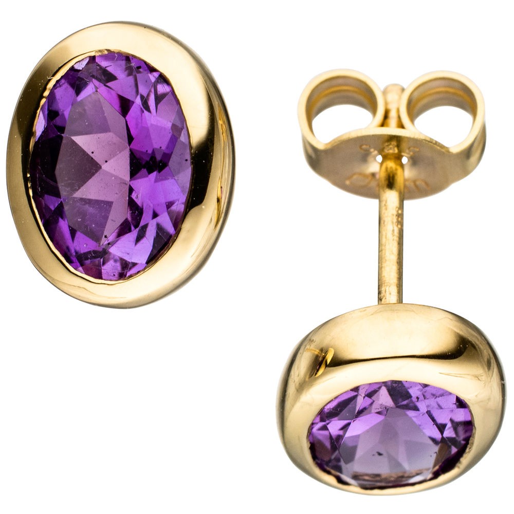 Ohrstecker oval 585 Gelbgold 2 Amethyste lila violett Ohrringe Goldohrringe
