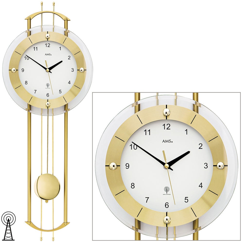 Funkwanduhr mit Pendel golden modern Pendeluhr mit Glas