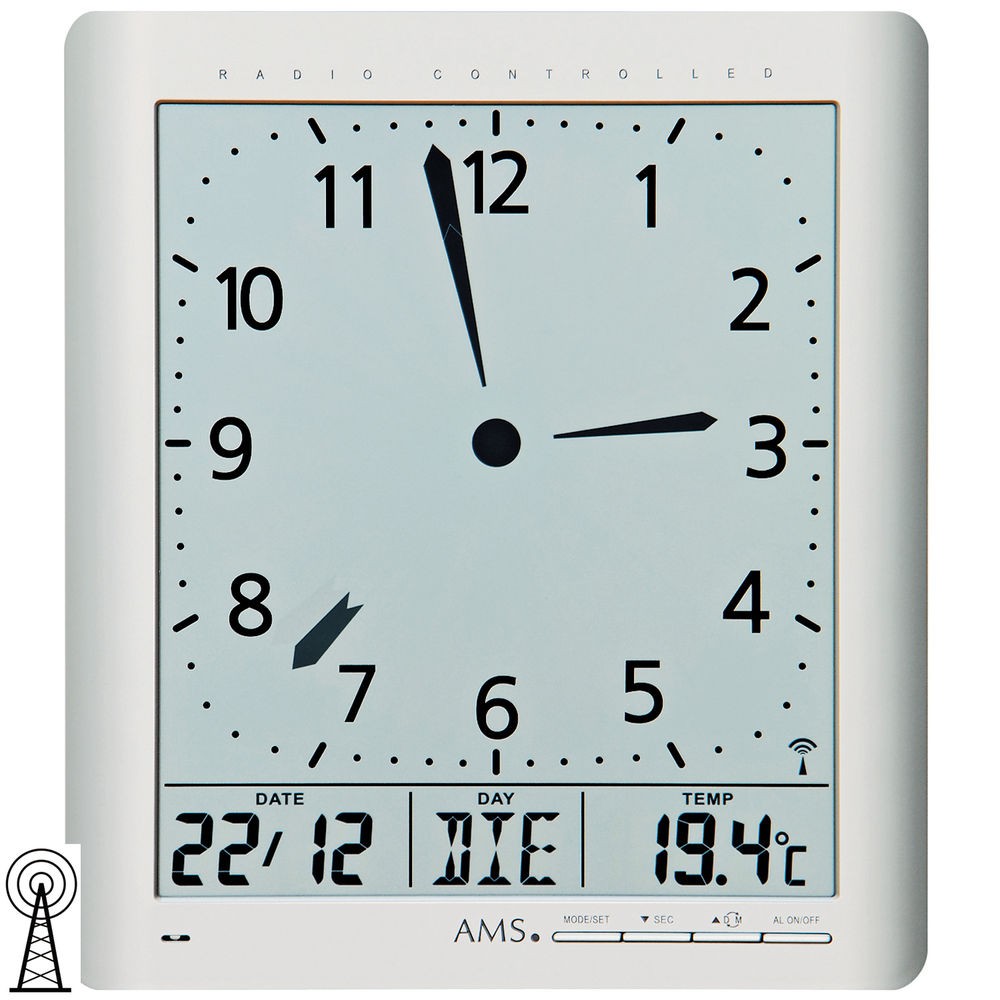 Wanduhr Tischuhr Funk digital silbern Datum Thermometer Weckfunktion