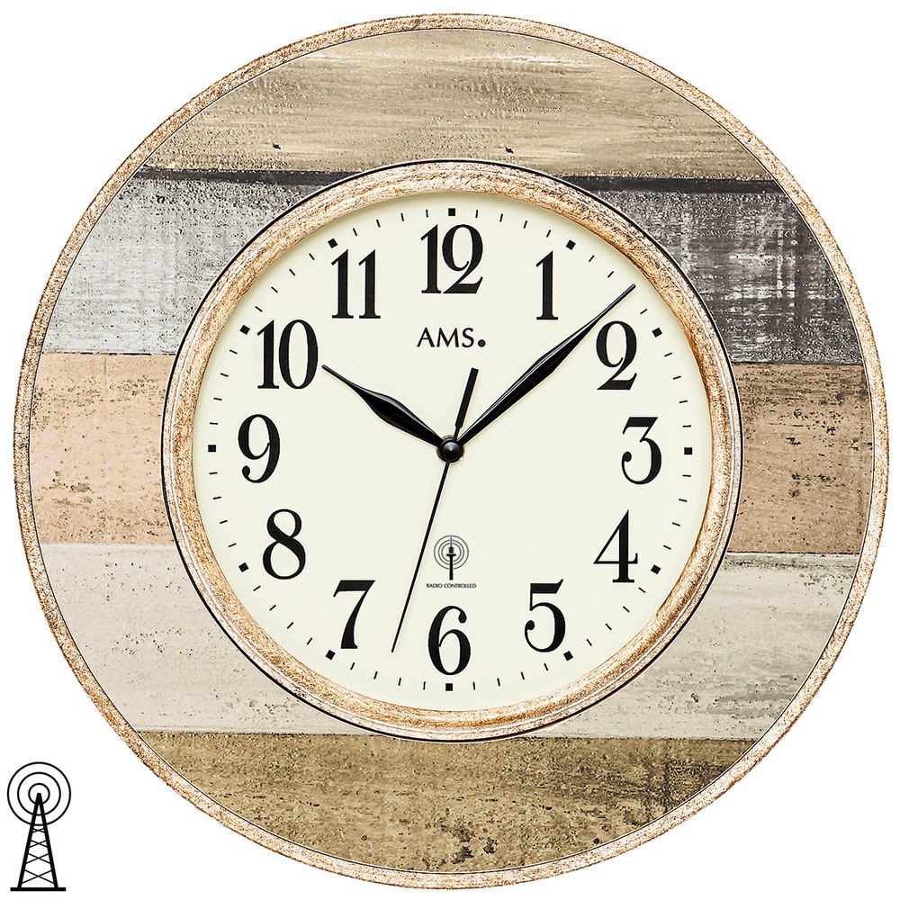 Funkwanduhr rund antik vintage retro shabby Holz-Optik