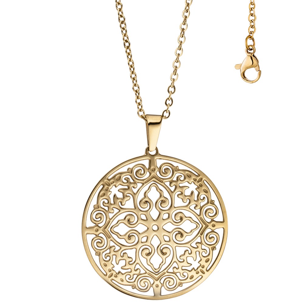 Collier Kette mit Anhänger rund Edelstahl gold farben beschichtet 46cm