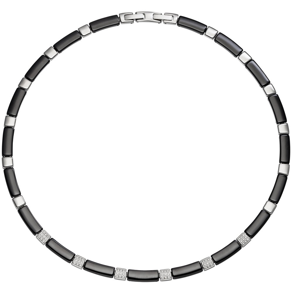 Collier Halskette aus schwarzer Keramik mit Edelstahl und Zirkonia 47cm Kette
