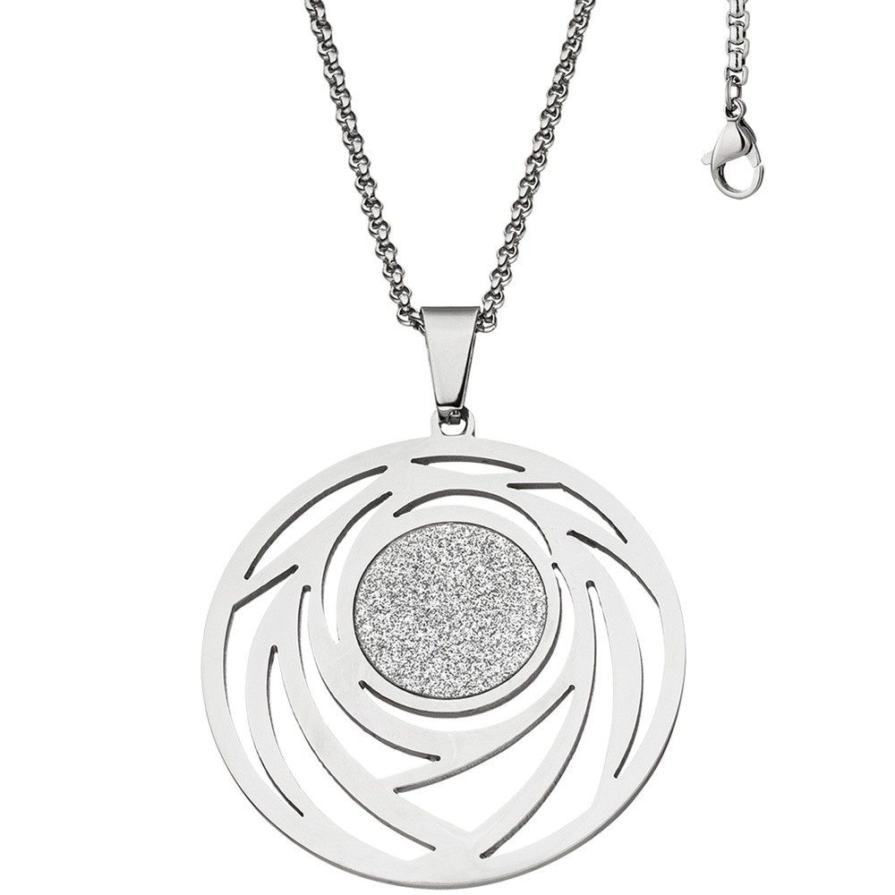 Collier Kette mit Anhänger rund Edelstahl mit Glitzer-Effekt 80cm verkürzbar