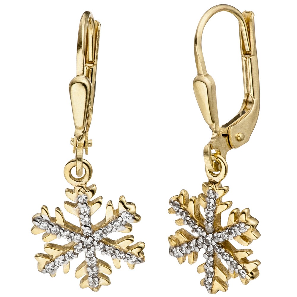 Ohrhänger Schneeflocke 333 Gelbgold mit Zirkonia Ohrringe Ohrhänger