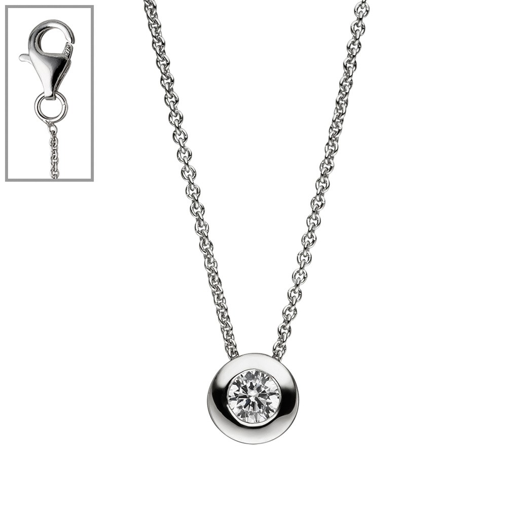 Collier Kette mit Anhänger rund 925 Sterling Silber 1 Zirkonia 42cm Silberkette