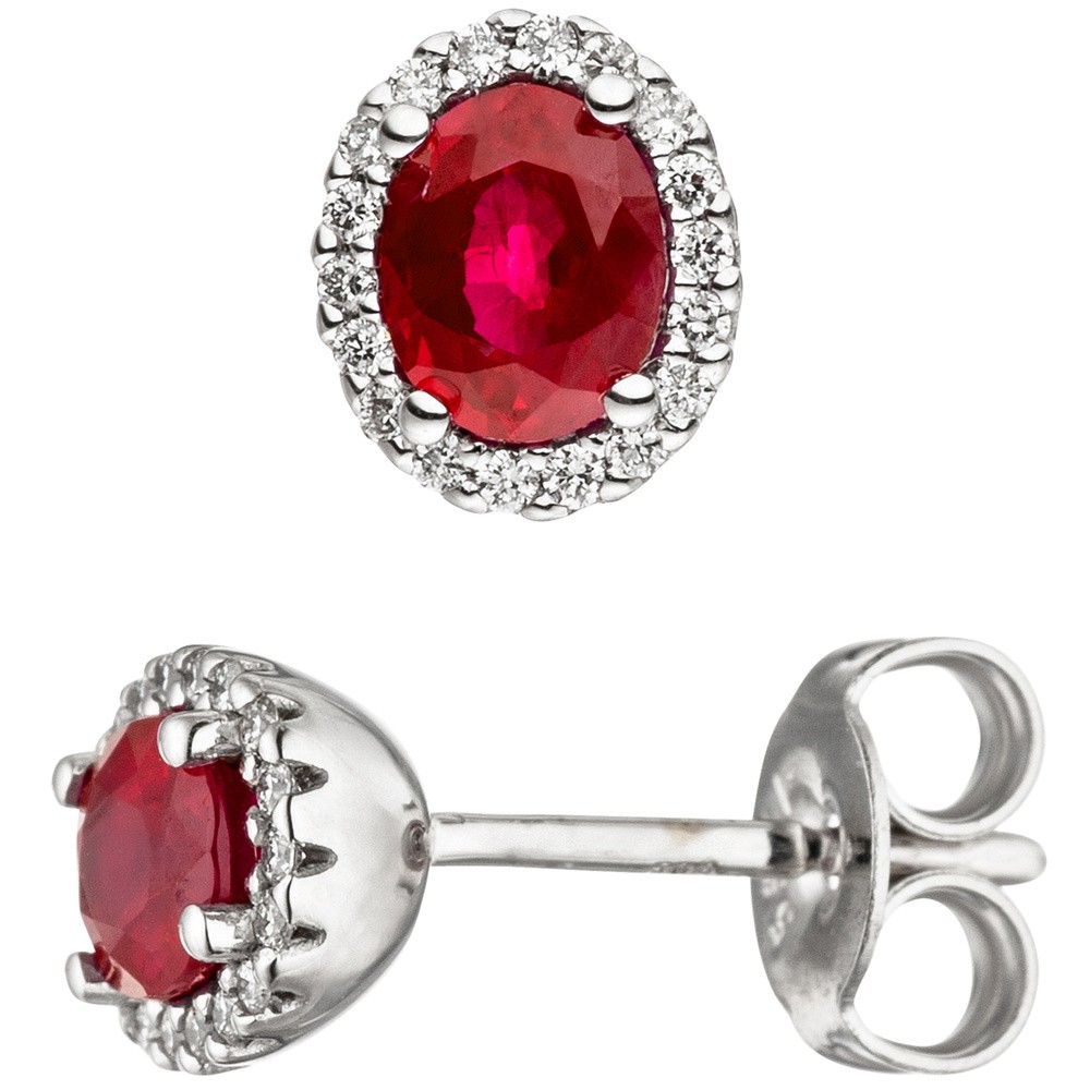 Ohrstecker oval 585 Weißgold 36 Diamanten Brillanten 2 Rubine rot Ohrringe