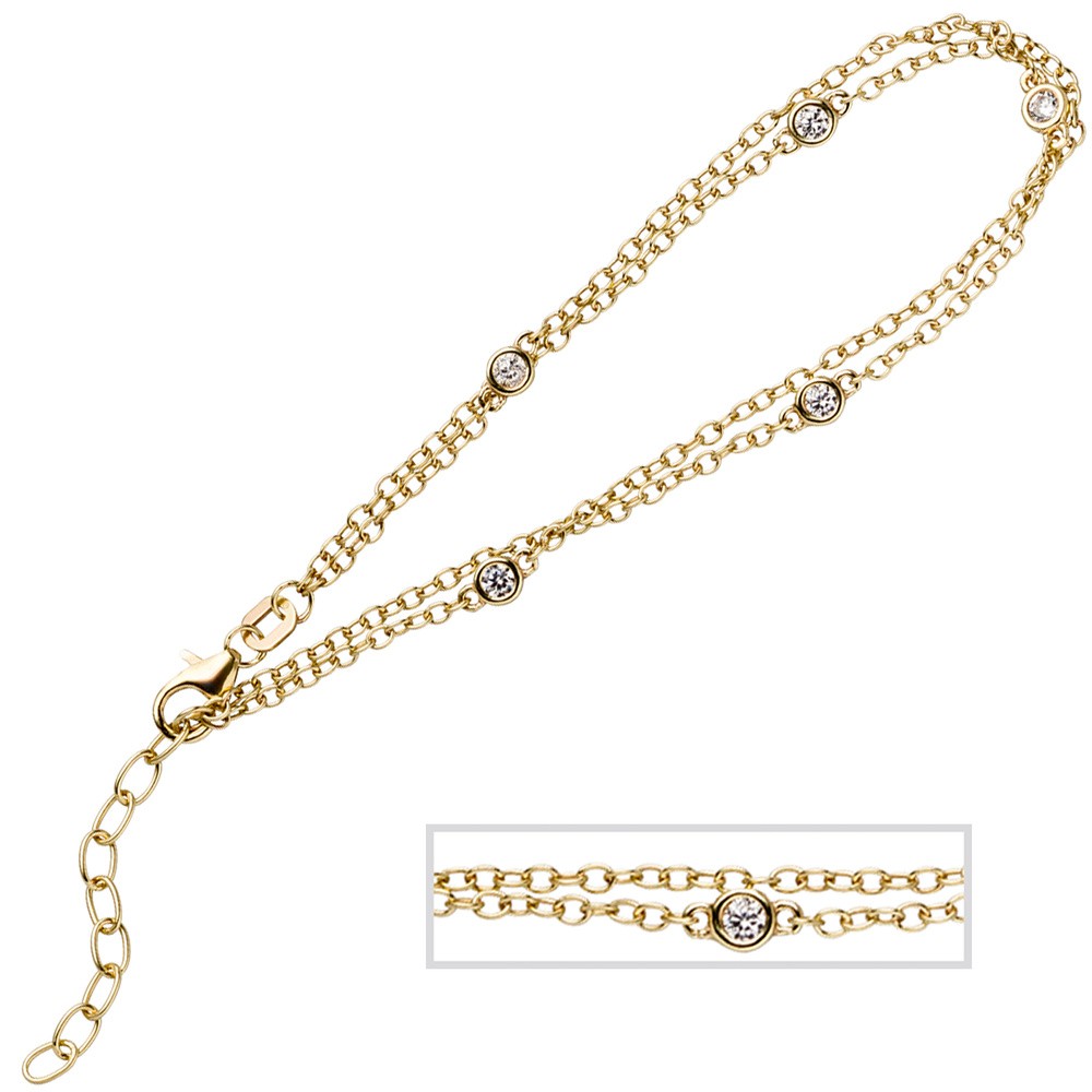 Armband 2-reihig 925 Sterling Silber gold vergoldet 5 Zirkonia 21cm verkürzbar