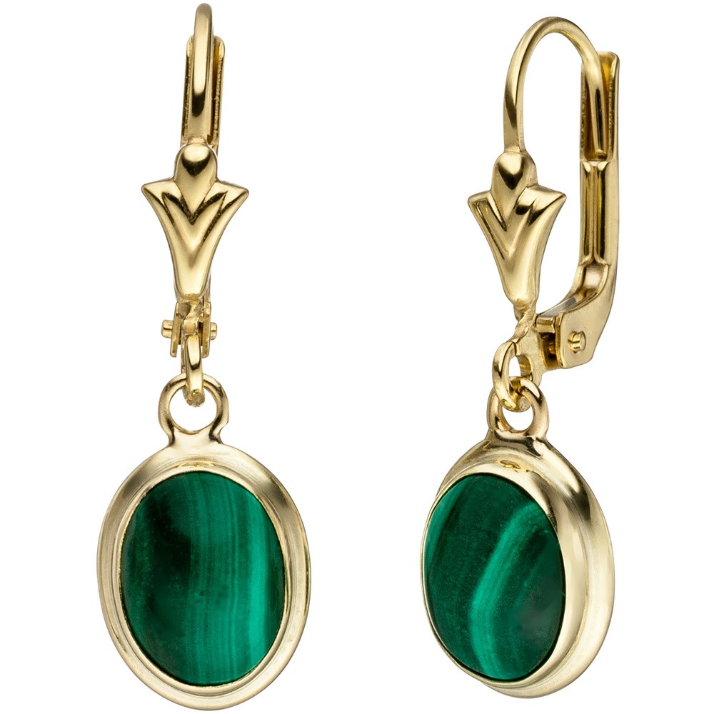 Ohrhänger oval 585 Gelbgold 2 Malachite grün Ohrringe Goldohrringe
