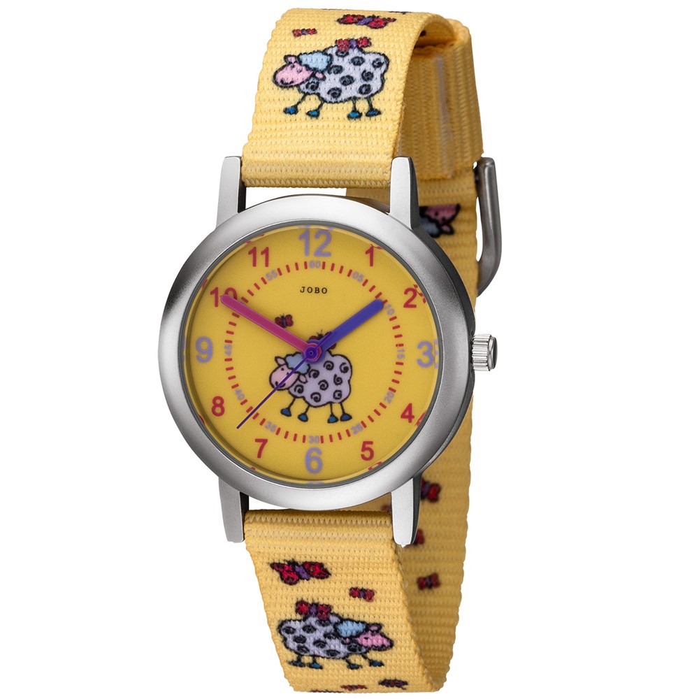 JOBO Kinder Armbanduhr Schaf Schäfchen gelb Quarz Analog Kinderuhr