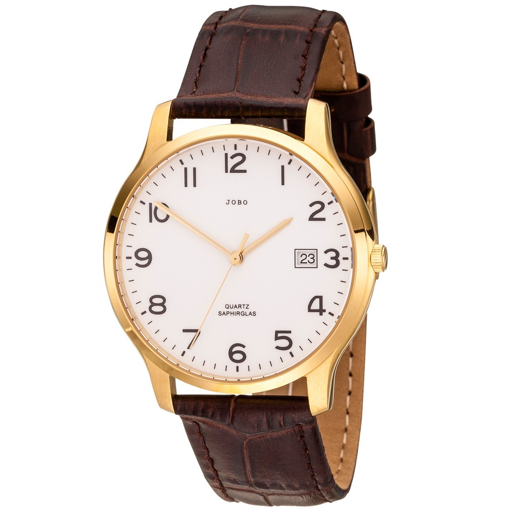 JOBO Herren Armbanduhr Quarz Analog Edelstahl vergoldet Lederband braun Datum