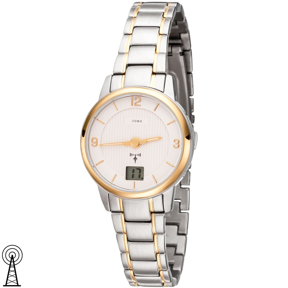 JOBO Damen Armbanduhr Funk Funkuhr Edelstahl bicolor vergoldet Damenuhr Datum