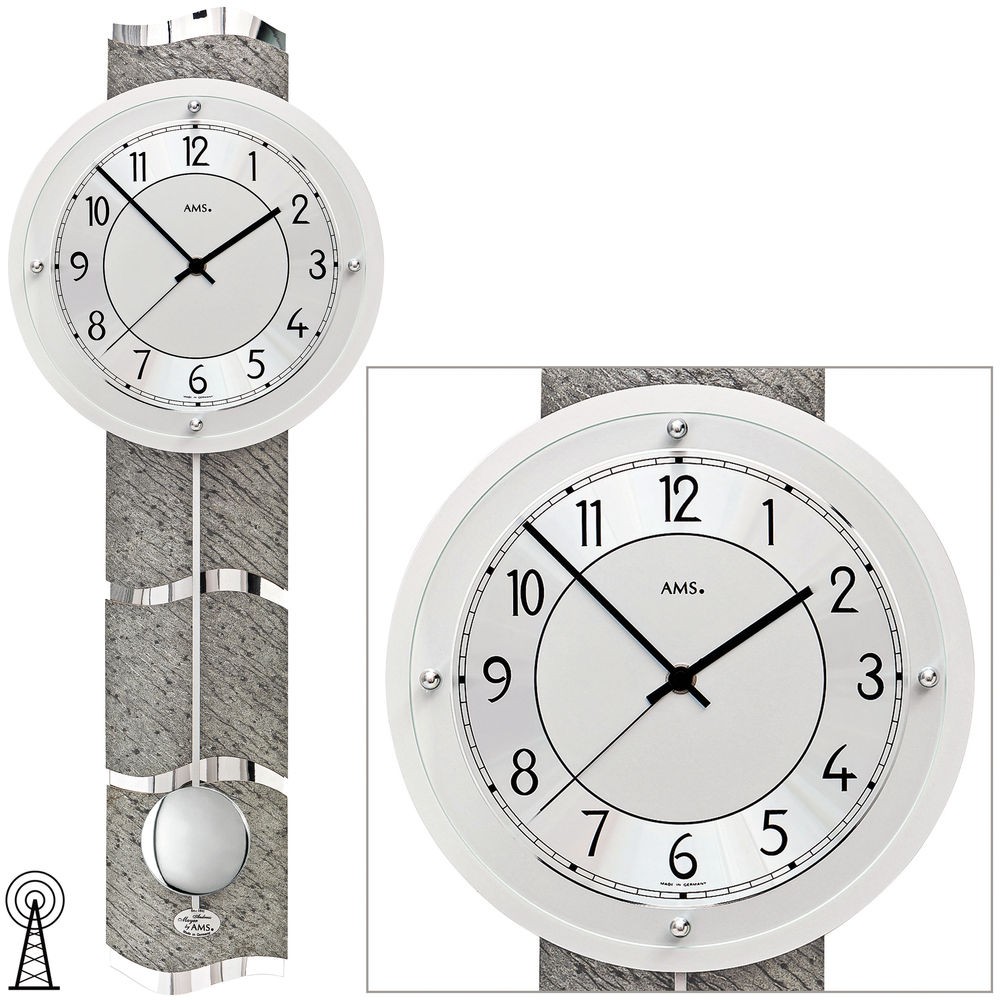 Funkwanduhr mit Pendel silbern Pendeluhr mit Stein Optik