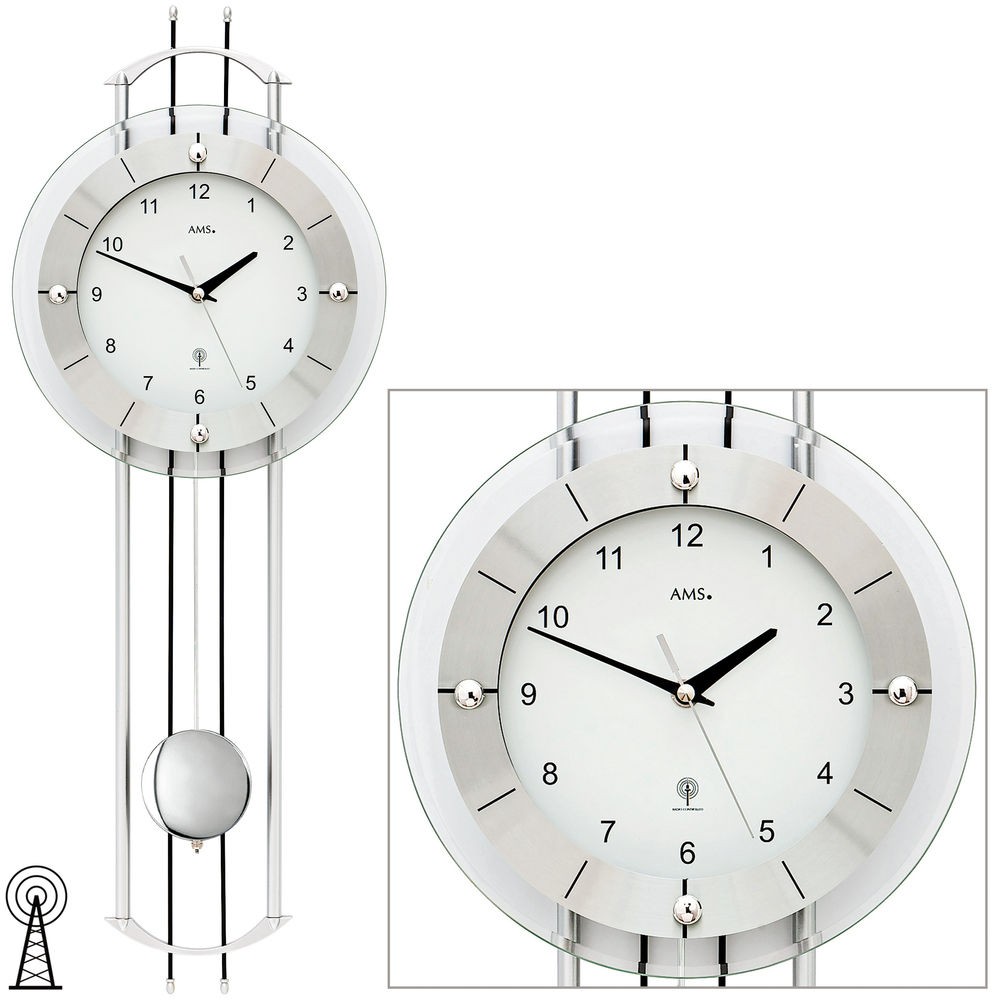 Funkwanduhr mit Pendel silbern modern Pendeluhr mit Glas silber schwarz