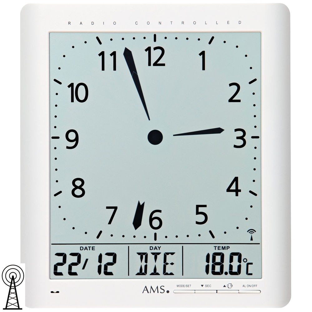 Wanduhr Tischuhr Funk digital weiß Datum Thermometer Weckfunktion