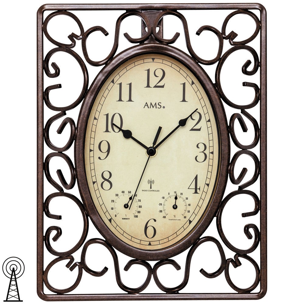 Funkwanduhr braun eckig antik vintage retro Thermometer