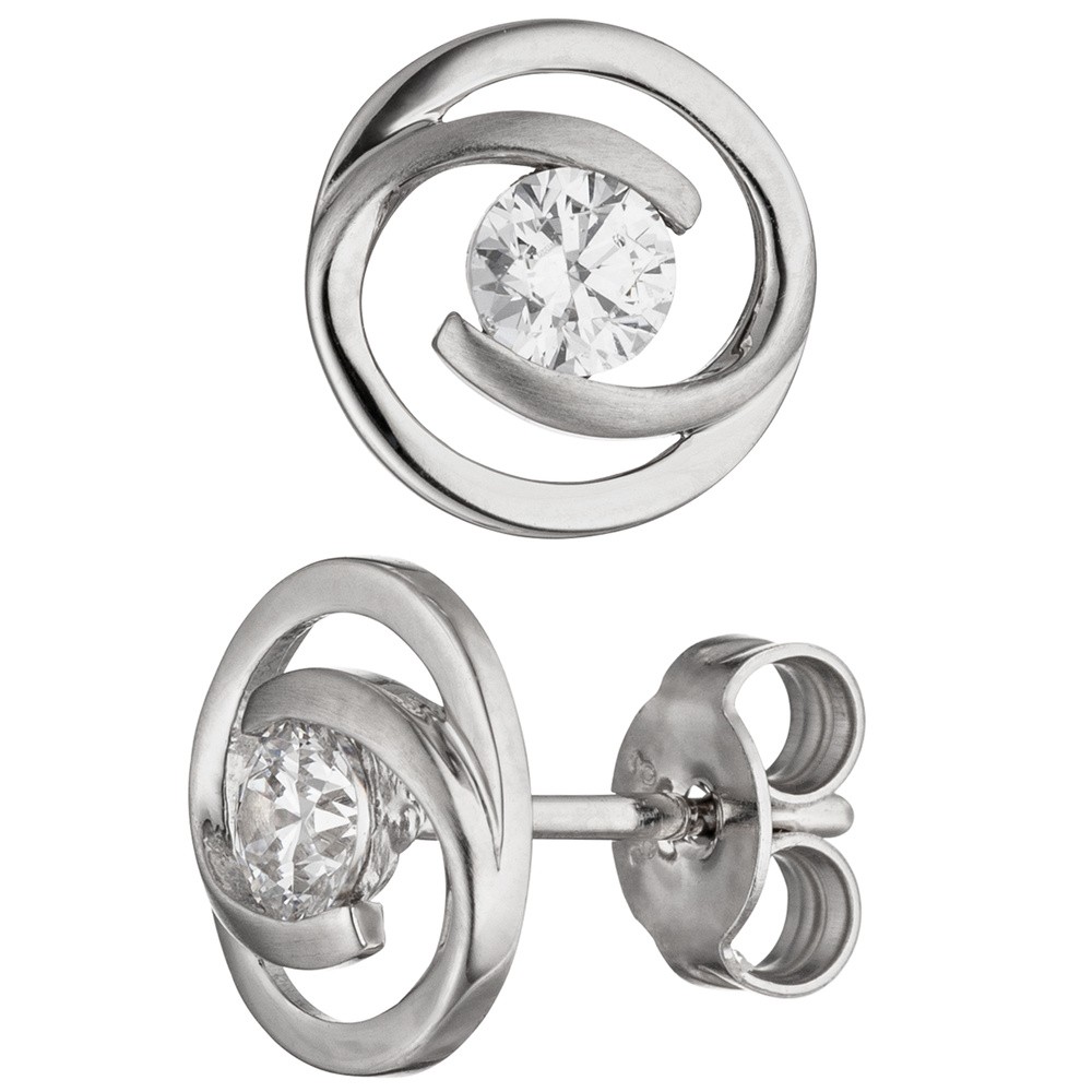 Ohrstecker rund 333 Gold Weißgold matt 2 Zirkonia Ohrringe Weißgoldohrringe