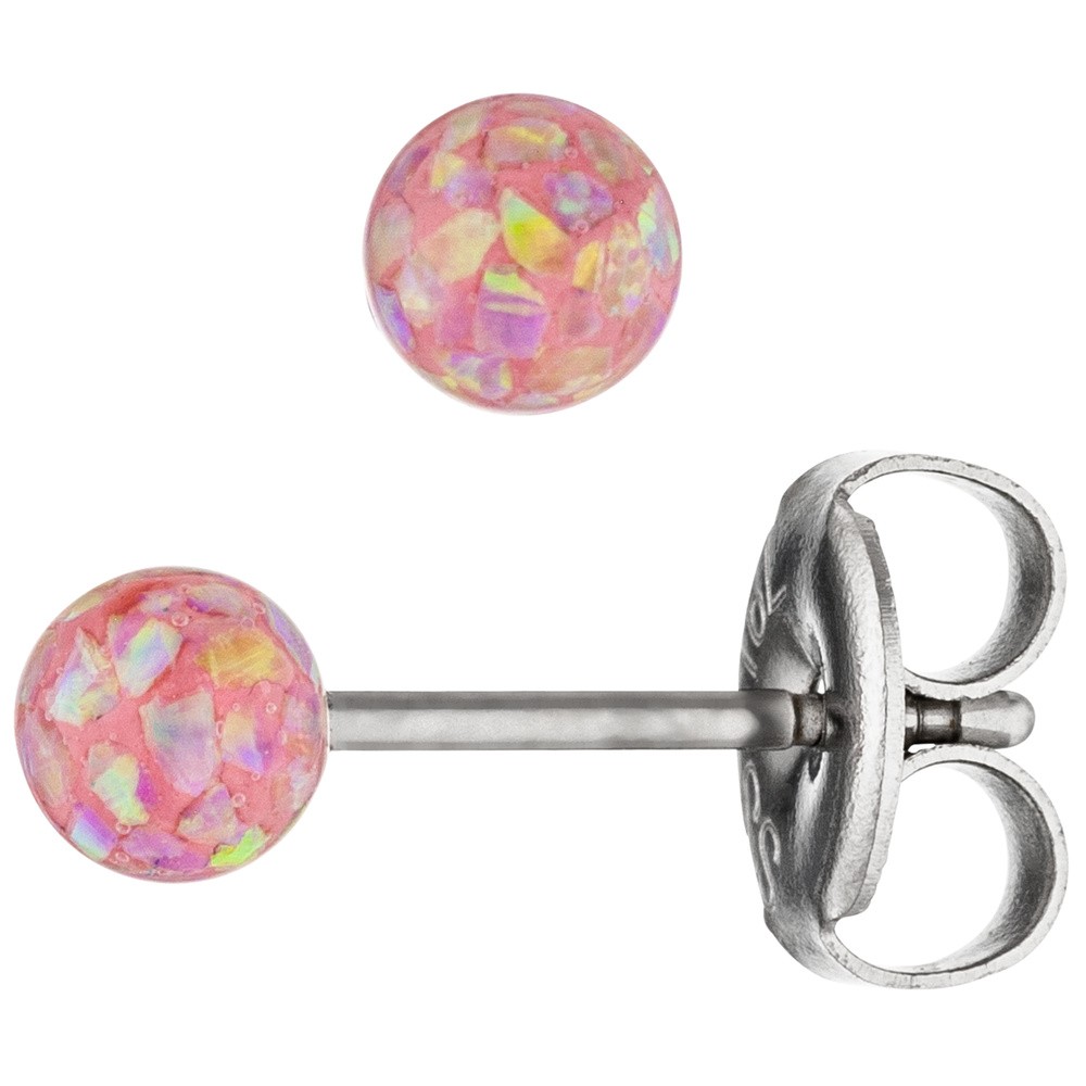 Ohrstecker Kugel rosa Edelstahl mit Opalen Ohrringe Kugelohrstecker