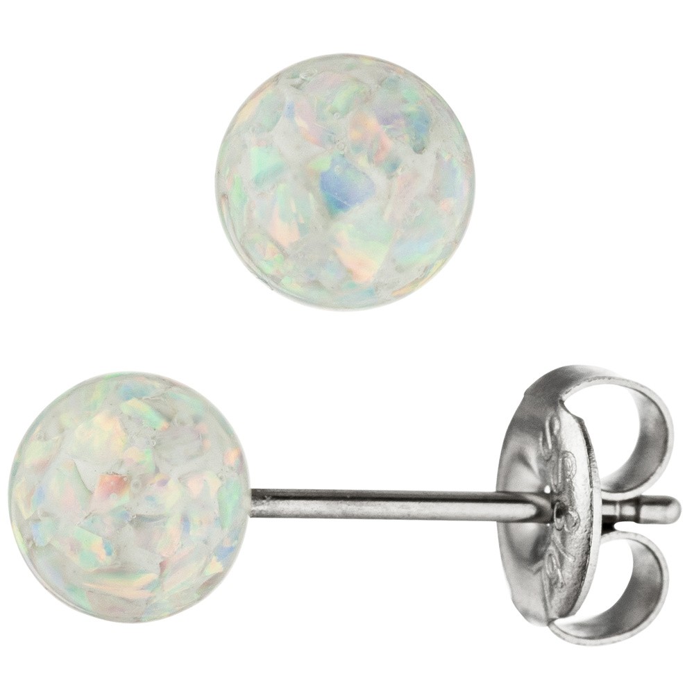 Ohrstecker Kugel Edelstahl mit Opalen Ohrringe Kugelohrstecker