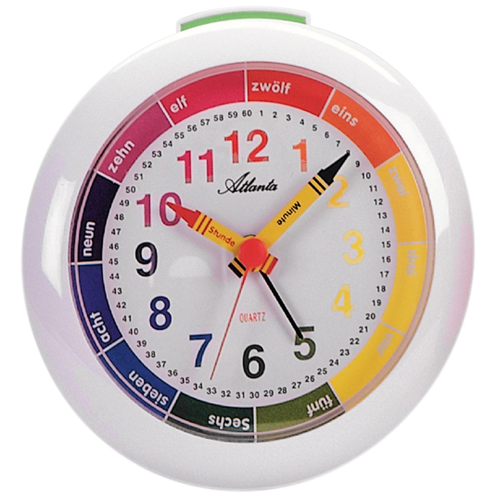 Atlanta Quarz analog Wecker Kinderwecker weiß bunt Lernwecker für Kinder