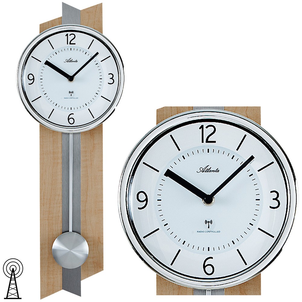 Funkwanduhr mit Pendel Pendeluhr Holz in Buche Optik silberfarben