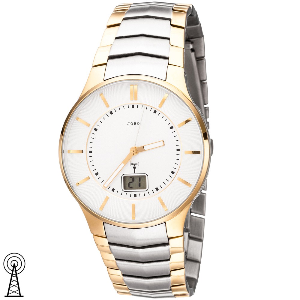 JOBO Herren Armbanduhr Funk Funkuhr Edelstahl bicolor vergoldet Datum Herrenuhr