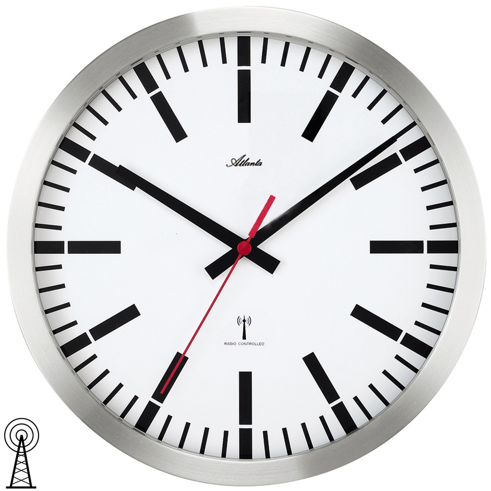 Wanduhr Bahnhofsuhr Funk Funkwanduhr analog in Edelstahl-Optik