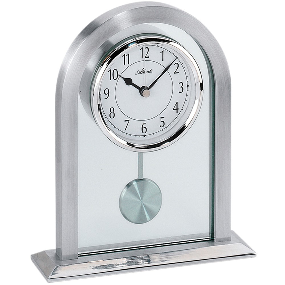 Tischuhr Quarz analog silbern mit Pendel und Glas Pendeluhr