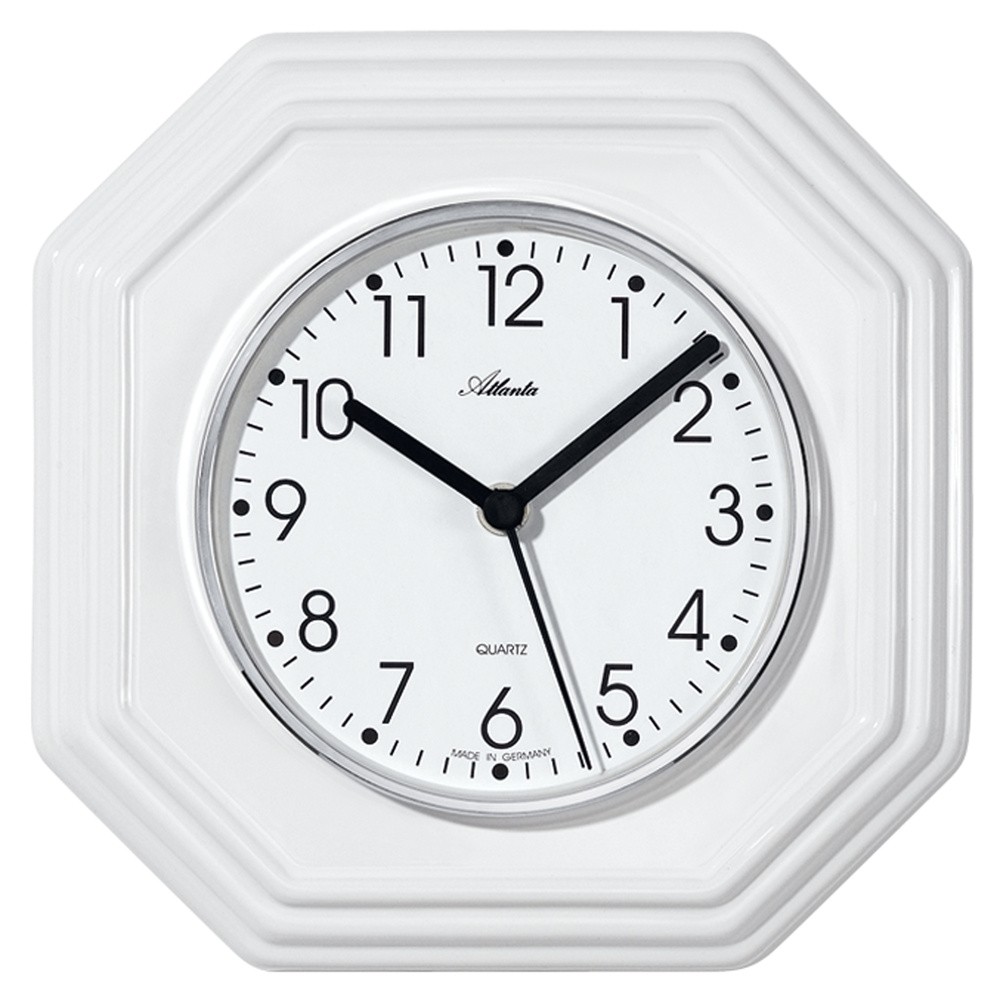 Küchenuhr Wanduhr Küche Quarz analog Keramik weiß achteckig