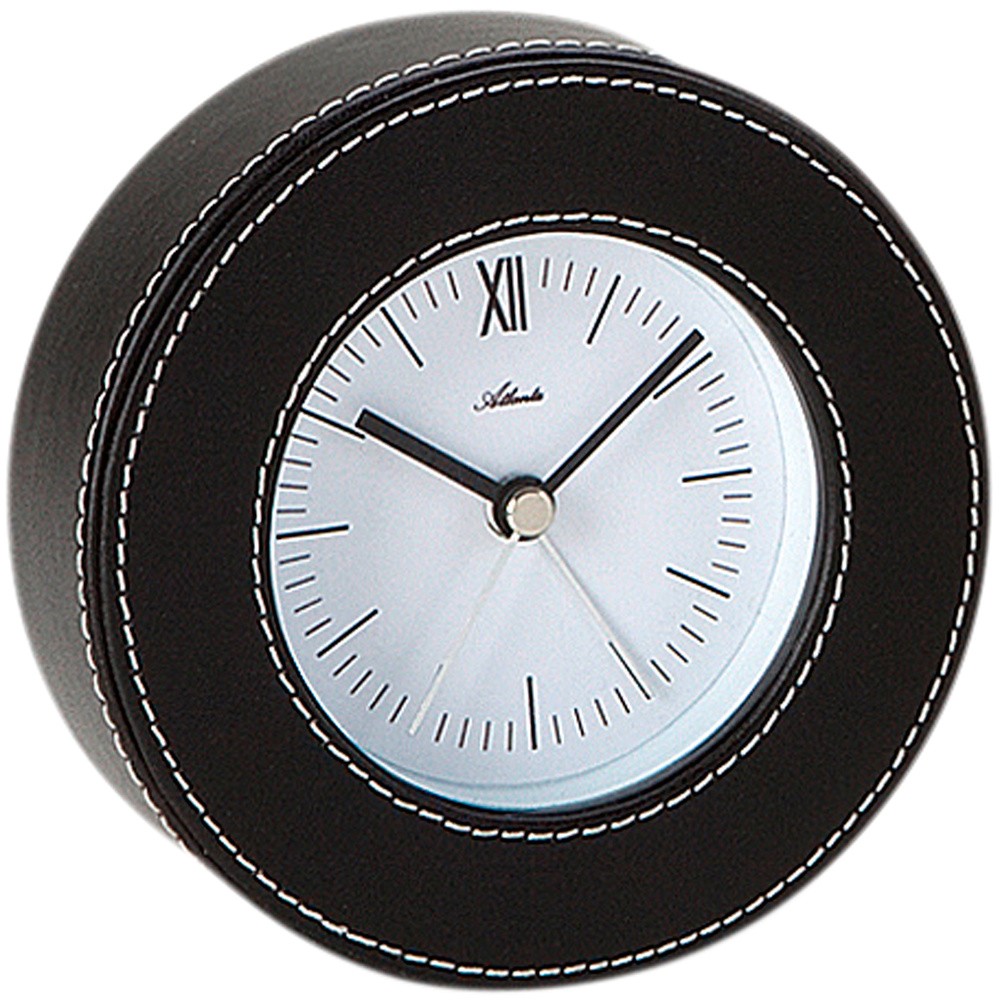 Wecker Quarz analog in Leder-Optik schwarz rund