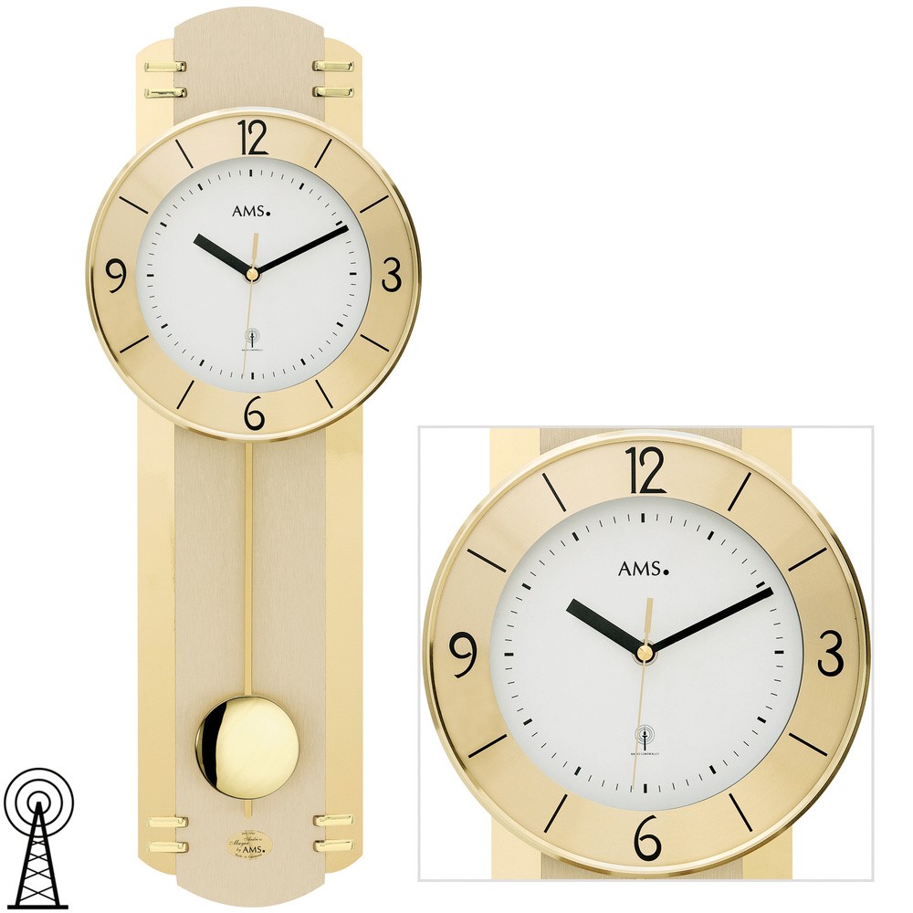 AMS Wanduhr Funk mit Pendel Pendeluhr messing farben mit Glas