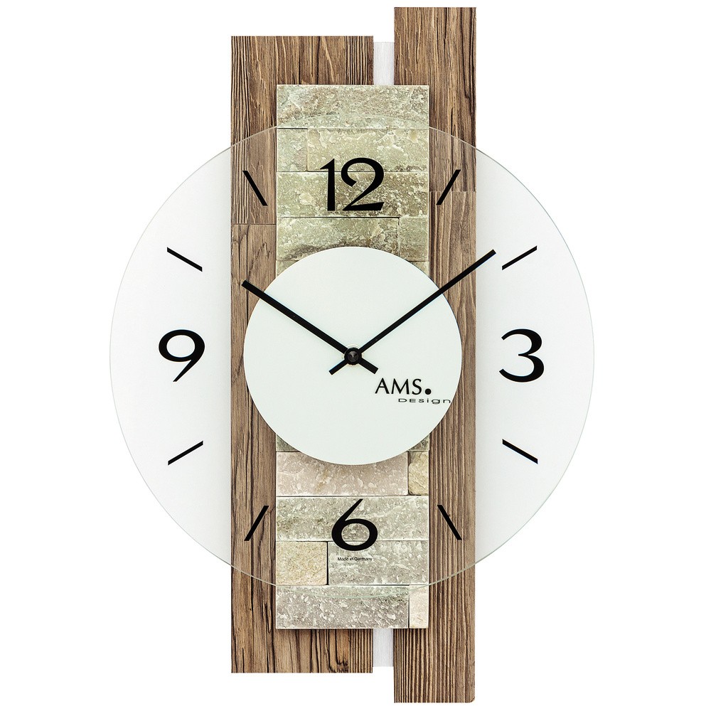 AMS Wanduhr Quarz analog modern Holz nussbaum farben mit Naturstein Auflage