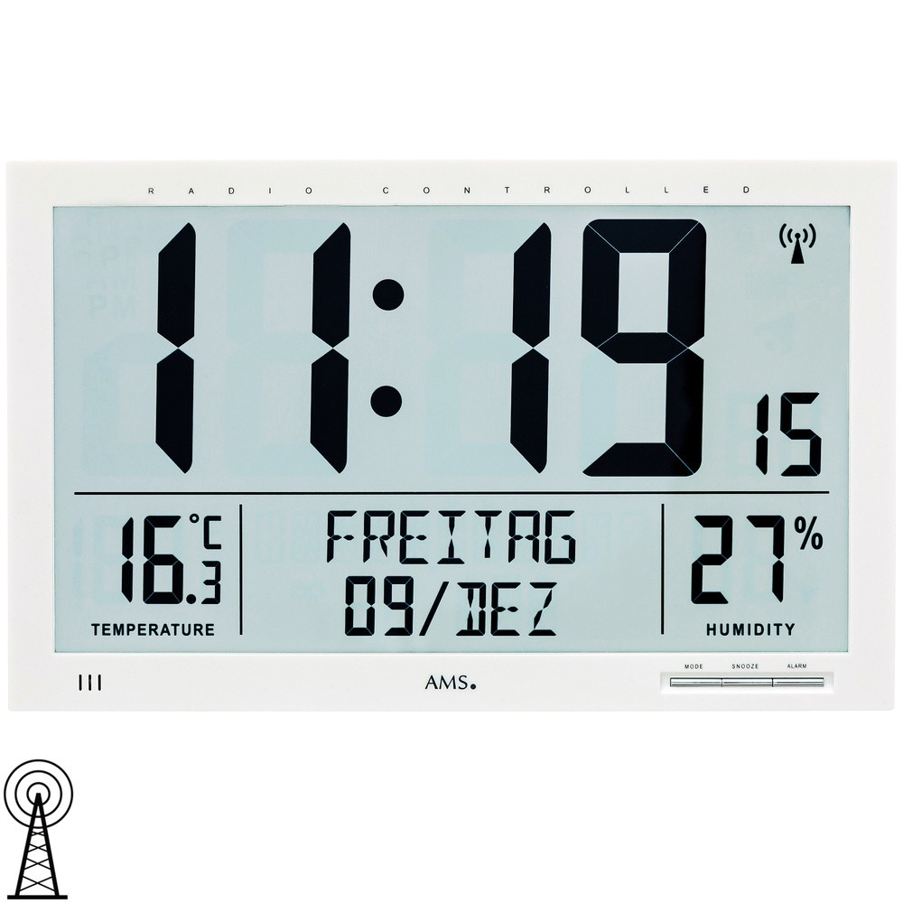 AMS Wanduhr Tischuhr Funk Funkwanduhr digital weiß Datum Thermometer Wecker