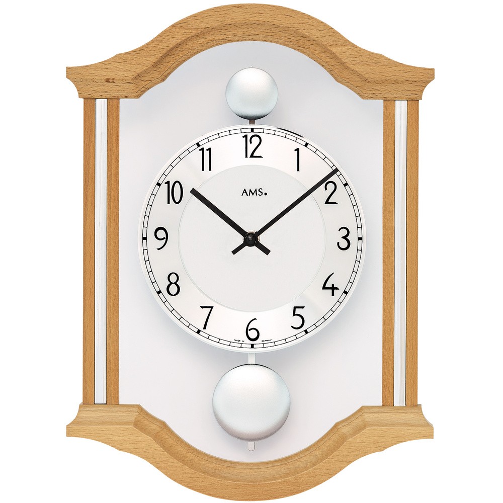 AMS Wanduhr Quarz analog Pendel Doppelpendel Holz Buche massiv mit Glas