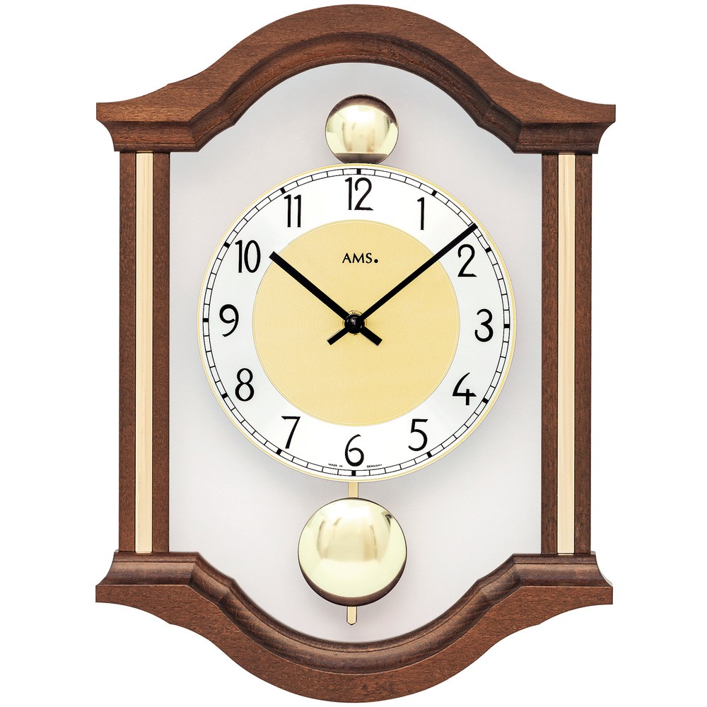 AMS Wanduhr Quarz analog Pendel Doppelpendel Holz nussbaum farben