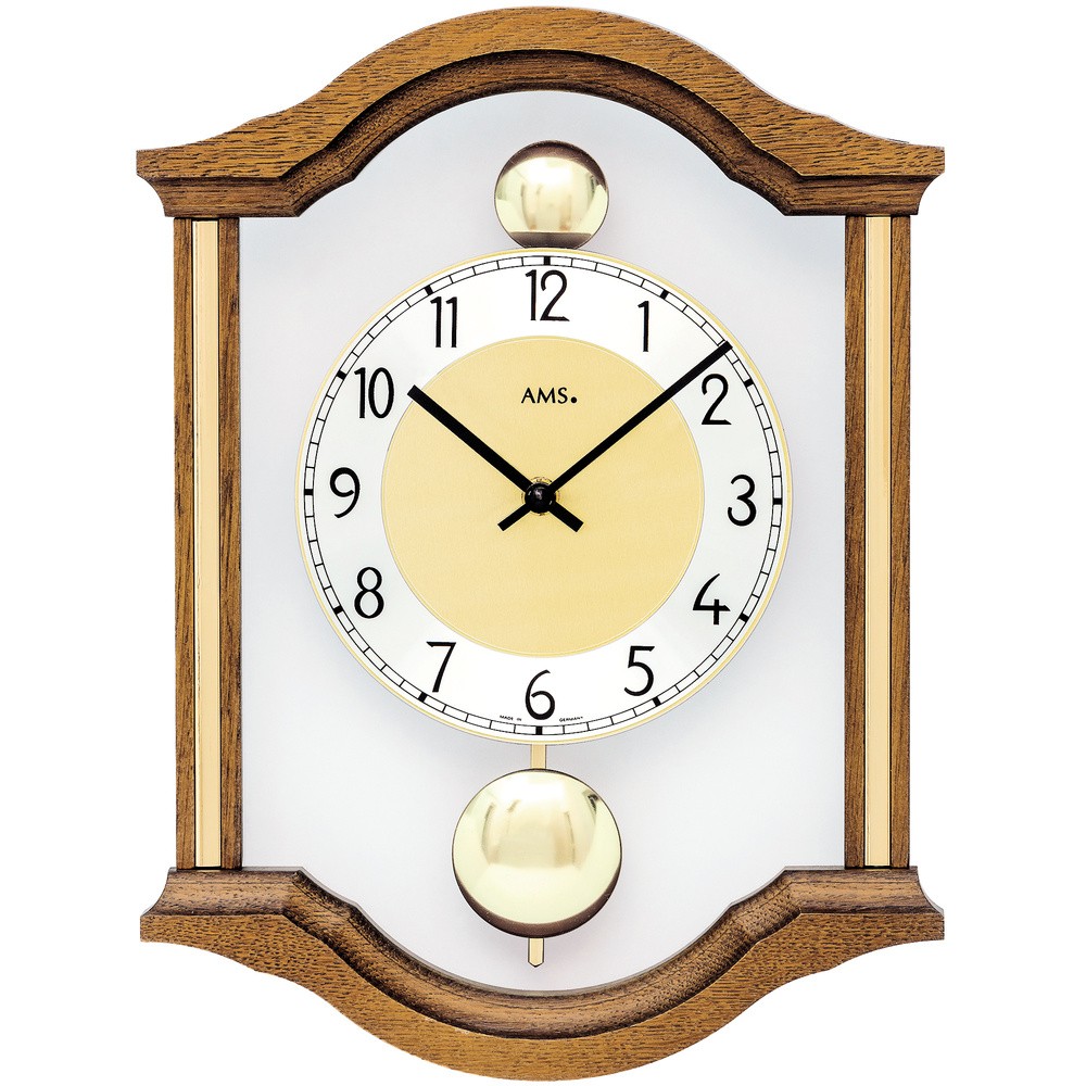 AMS Wanduhr Quarz analog Pendel Doppelpendel Holz Eiche massiv mit Glas