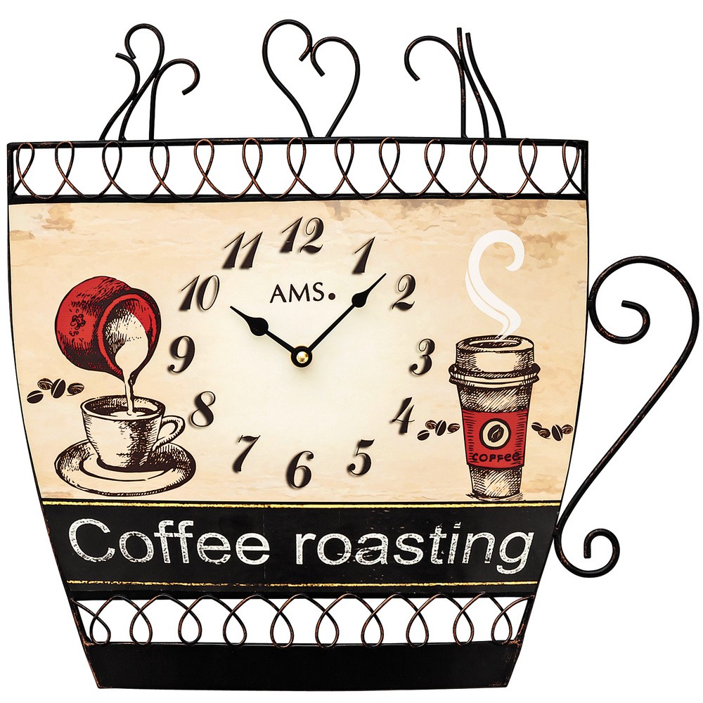 AMS Küchenuhr Wanduhr Küche Quarz analog braun Motiv Kaffeetasse Kaffee